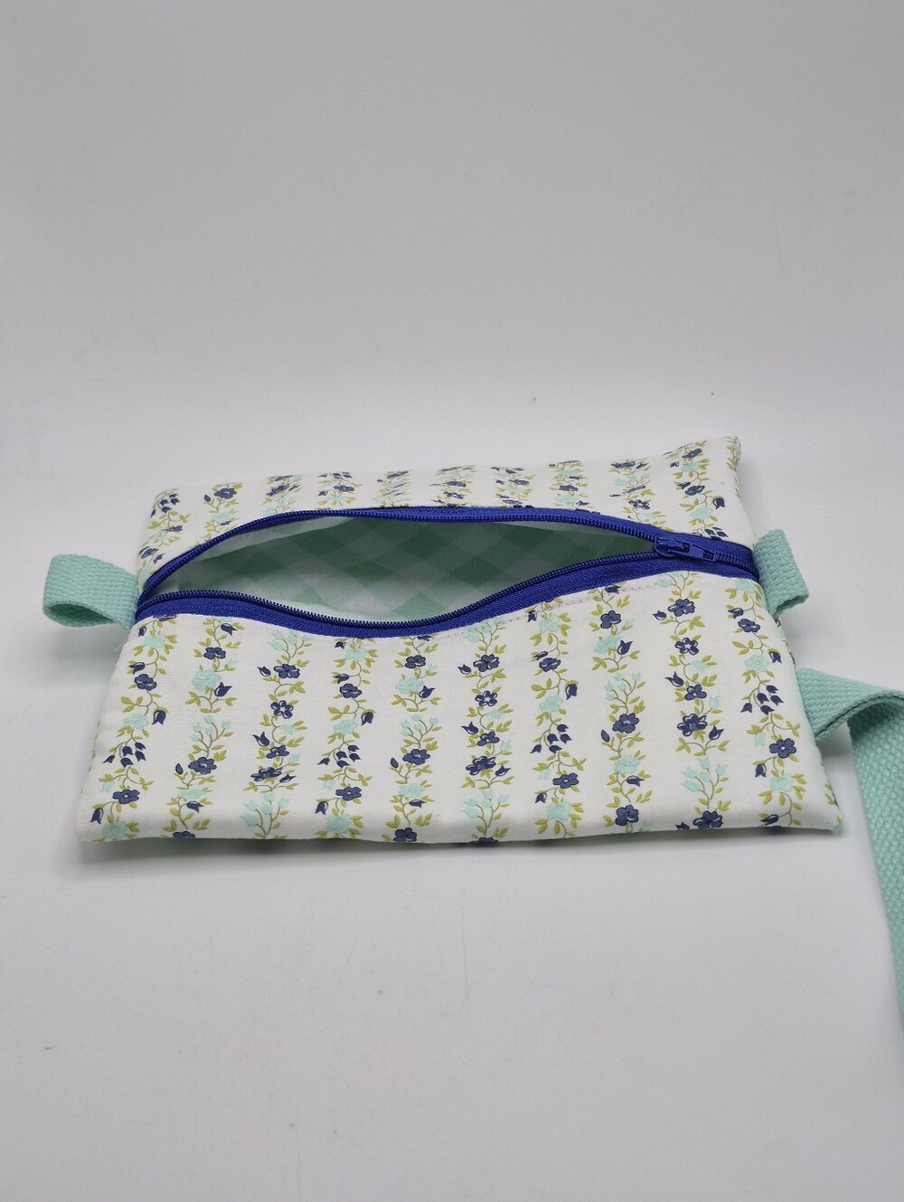 Floral Quilted Wristlet Pouch in Blue and Mint Colors.  Handmade By Me!